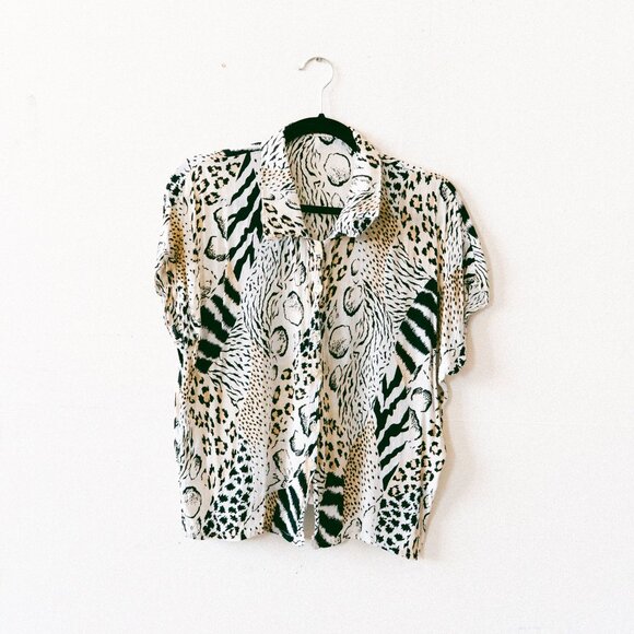 Vintage 90s/Y2K Animal Print Blouse – Textured Mixed Prints, Short Sleeve (M/L) - Picture 1 of 4
